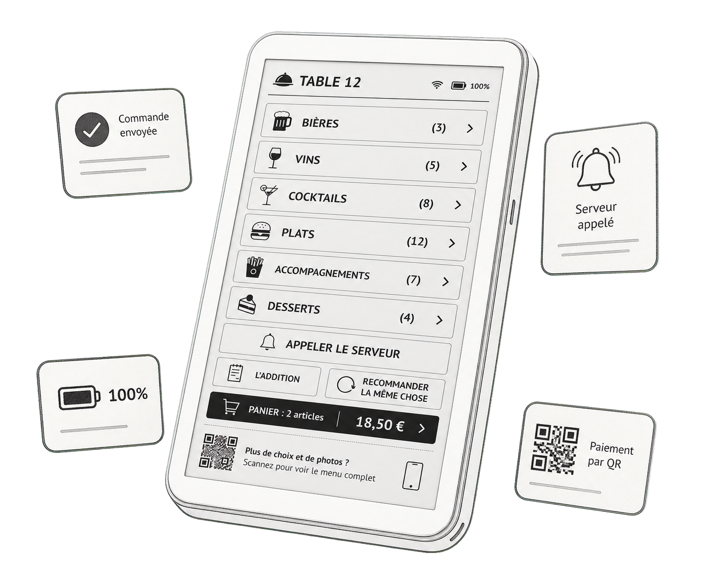 Application BEMenu sur pad e-paper avec commande, appel serveur, batterie et paiement QR