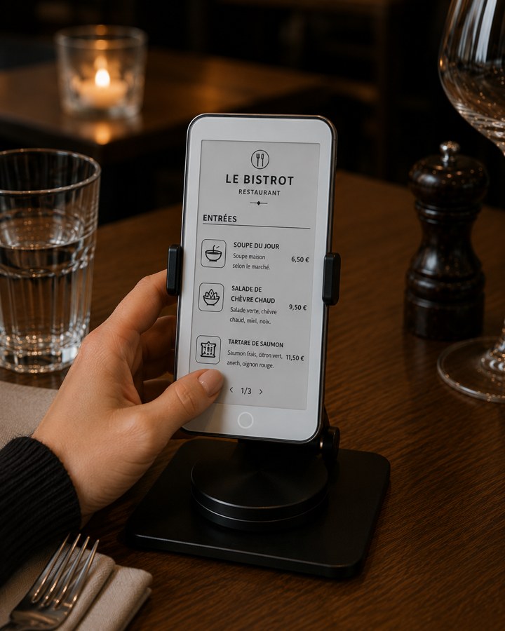 Pad BEMenu sur une table de restaurant