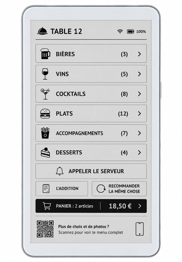 Véritable interface BEMenu : catégories, appel serveur, panier et paiement QR